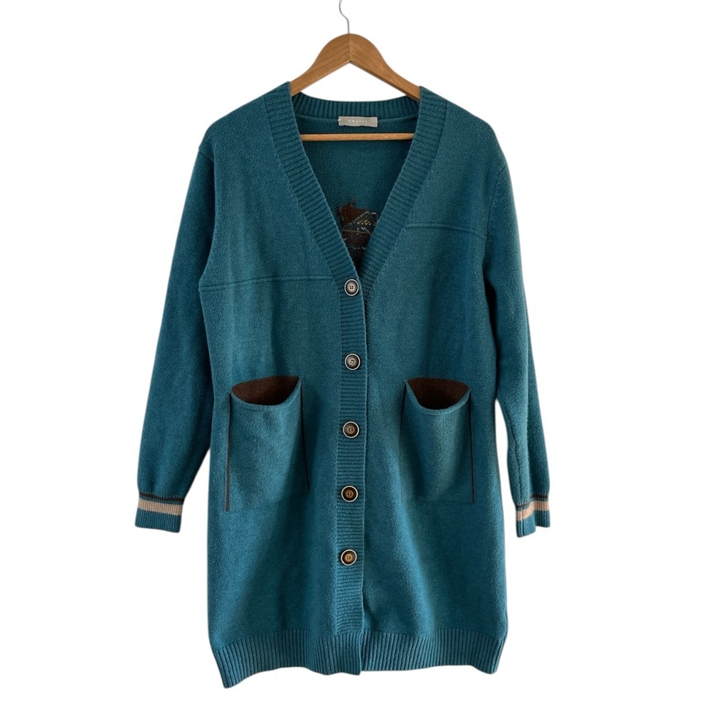 Quirky Teal Cat Graphic Cardigan Knit Sweater FM2050 size S/M